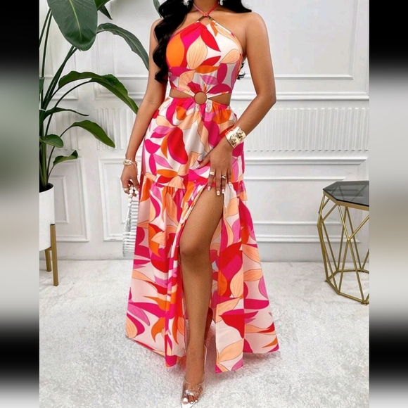 Tropical Plants Printed Halter Neck Slit Hem Holiday Dress - Picture 1 of 6